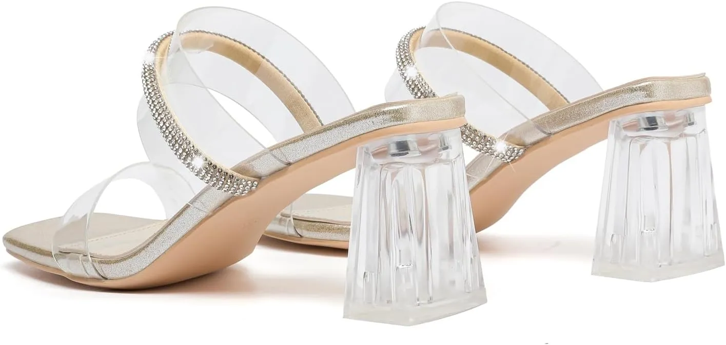 kkdom Square Toe Chunky Clear Heels Sandals Transparent Two Sparkle Rhinestone Strap Mule Shoes Slip On Block Heels for Party Dating Daily Work