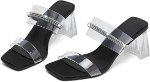 kkdom Square Toe Chunky Clear Heels Sandals Transparent Two Sparkle Rhinestone Strap Mule Shoes Slip On Block Heels for Party Dating Daily Work