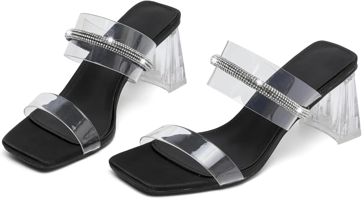 kkdom Square Toe Chunky Clear Heels Sandals Transparent Two Sparkle Rhinestone Strap Mule Shoes Slip On Block Heels for Party Dating Daily Work