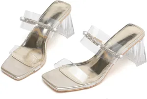 kkdom Square Toe Chunky Clear Heels Sandals Transparent Two Sparkle Rhinestone Strap Mule Shoes Slip On Block Heels for Party Dating Daily Work