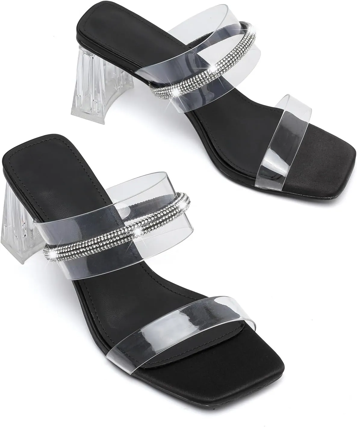 kkdom Square Toe Chunky Clear Heels Sandals Transparent Two Sparkle Rhinestone Strap Mule Shoes Slip On Block Heels for Party Dating Daily Work