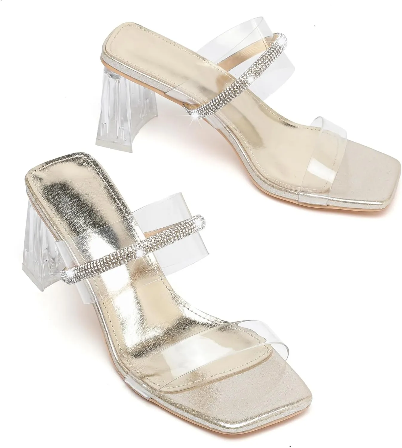 kkdom Square Toe Chunky Clear Heels Sandals Transparent Two Sparkle Rhinestone Strap Mule Shoes Slip On Block Heels for Party Dating Daily Work