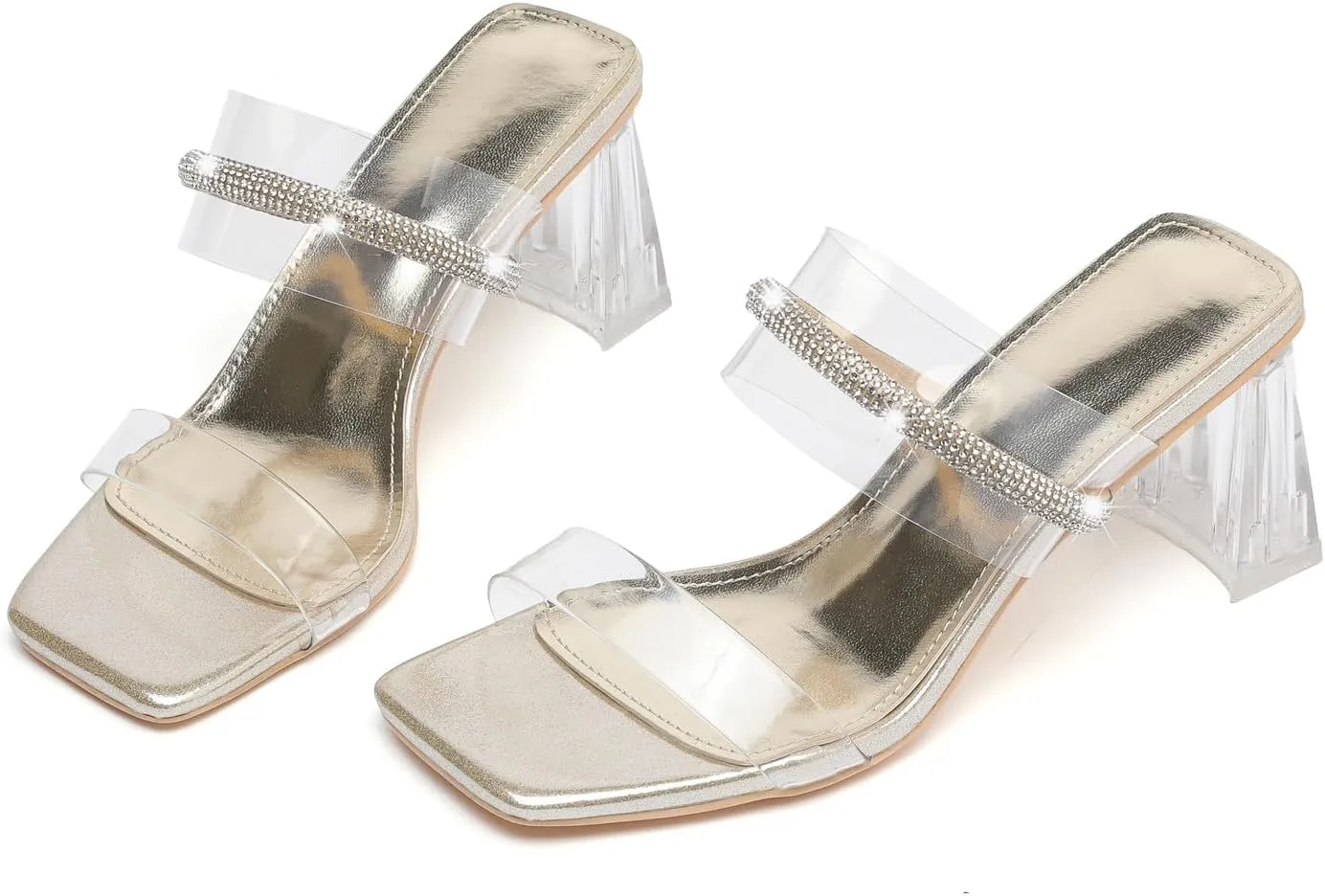 kkdom Square Toe Chunky Clear Heels Sandals Transparent Two Sparkle Rhinestone Strap Mule Shoes Slip On Block Heels for Party Dating Daily Work