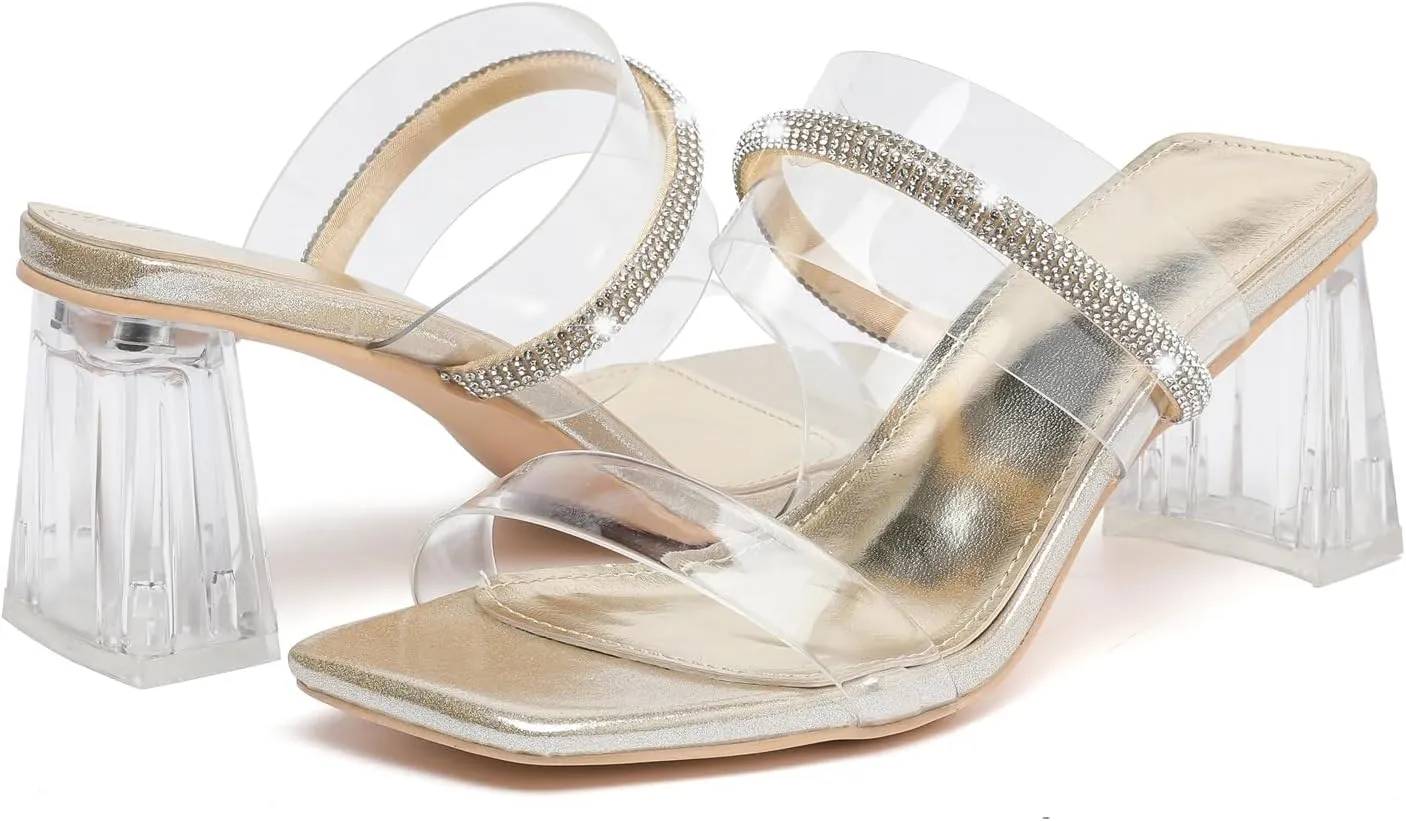 kkdom Square Toe Chunky Clear Heels Sandals Transparent Two Sparkle Rhinestone Strap Mule Shoes Slip On Block Heels for Party Dating Daily Work