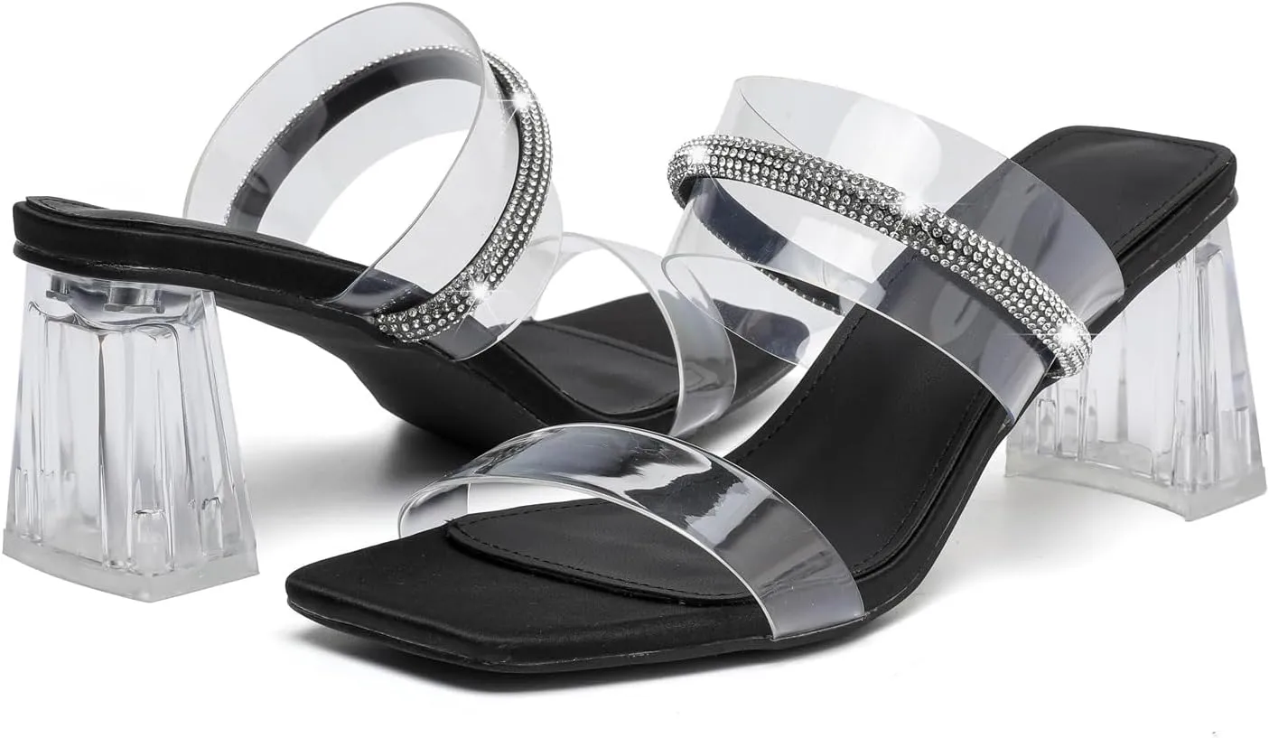 kkdom Square Toe Chunky Clear Heels Sandals Transparent Two Sparkle Rhinestone Strap Mule Shoes Slip On Block Heels for Party Dating Daily Work