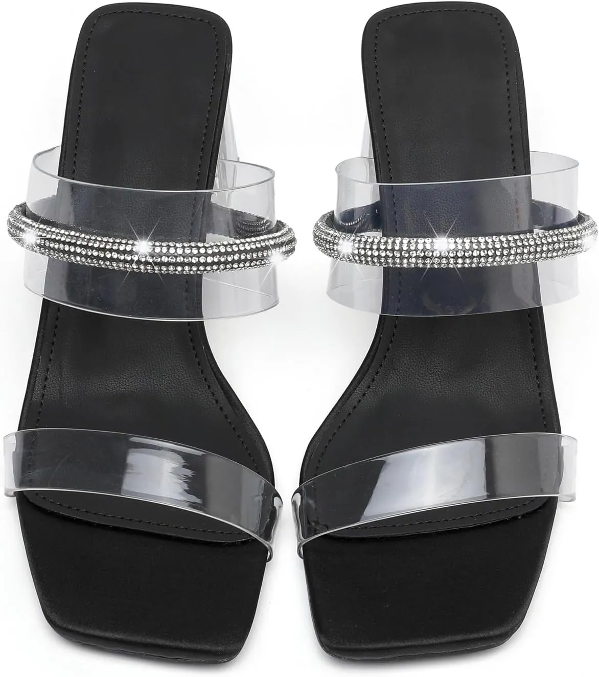 kkdom Square Toe Chunky Clear Heels Sandals Transparent Two Sparkle Rhinestone Strap Mule Shoes Slip On Block Heels for Party Dating Daily Work