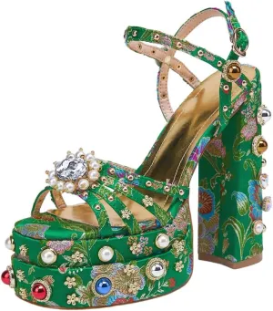 Kluolandi Womens Green Chunky Platform Heels with Pearls Embroidered Flower Block High Heels Sandals Ankle Strap Evening Prom Shoes