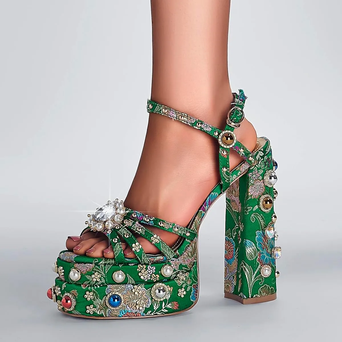 Kluolandi Womens Green Chunky Platform Heels with Pearls Embroidered Flower Block High Heels Sandals Ankle Strap Evening Prom Shoes