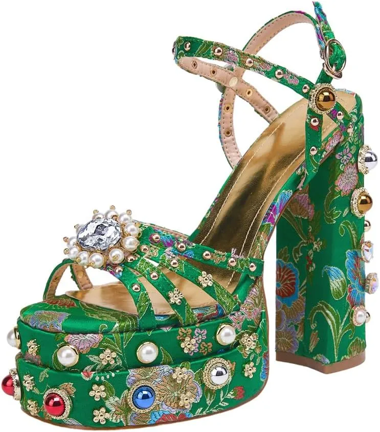 Kluolandi Womens Green Chunky Platform Heels with Pearls Embroidered Flower Block High Heels Sandals Ankle Strap Evening Prom Shoes