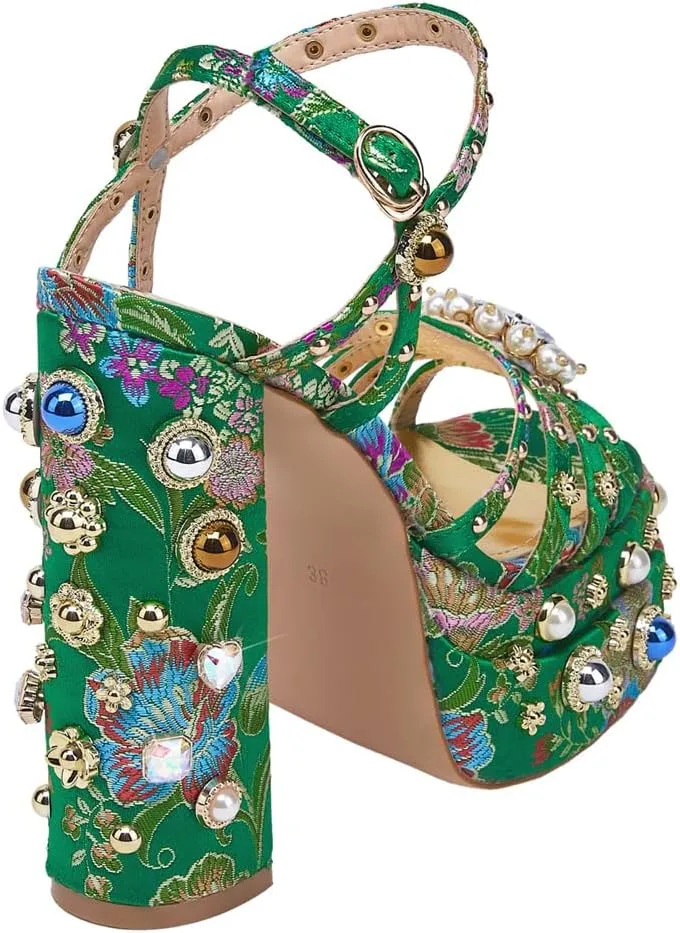 Kluolandi Womens Green Chunky Platform Heels with Pearls Embroidered Flower Block High Heels Sandals Ankle Strap Evening Prom Shoes