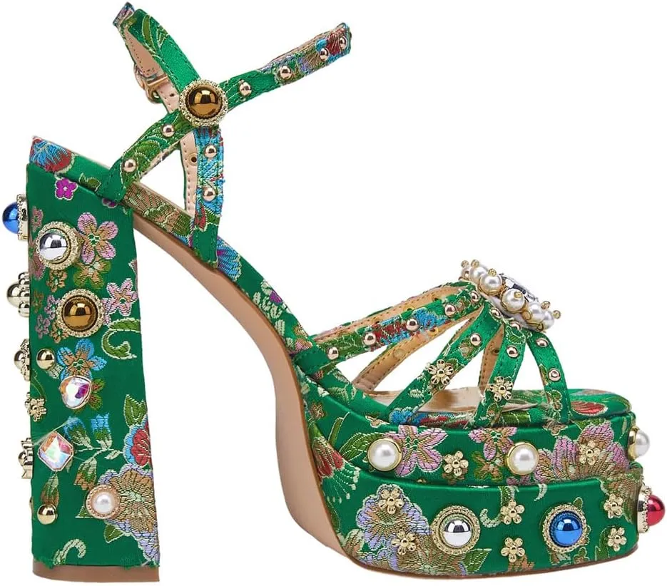 Kluolandi Womens Green Chunky Platform Heels with Pearls Embroidered Flower Block High Heels Sandals Ankle Strap Evening Prom Shoes
