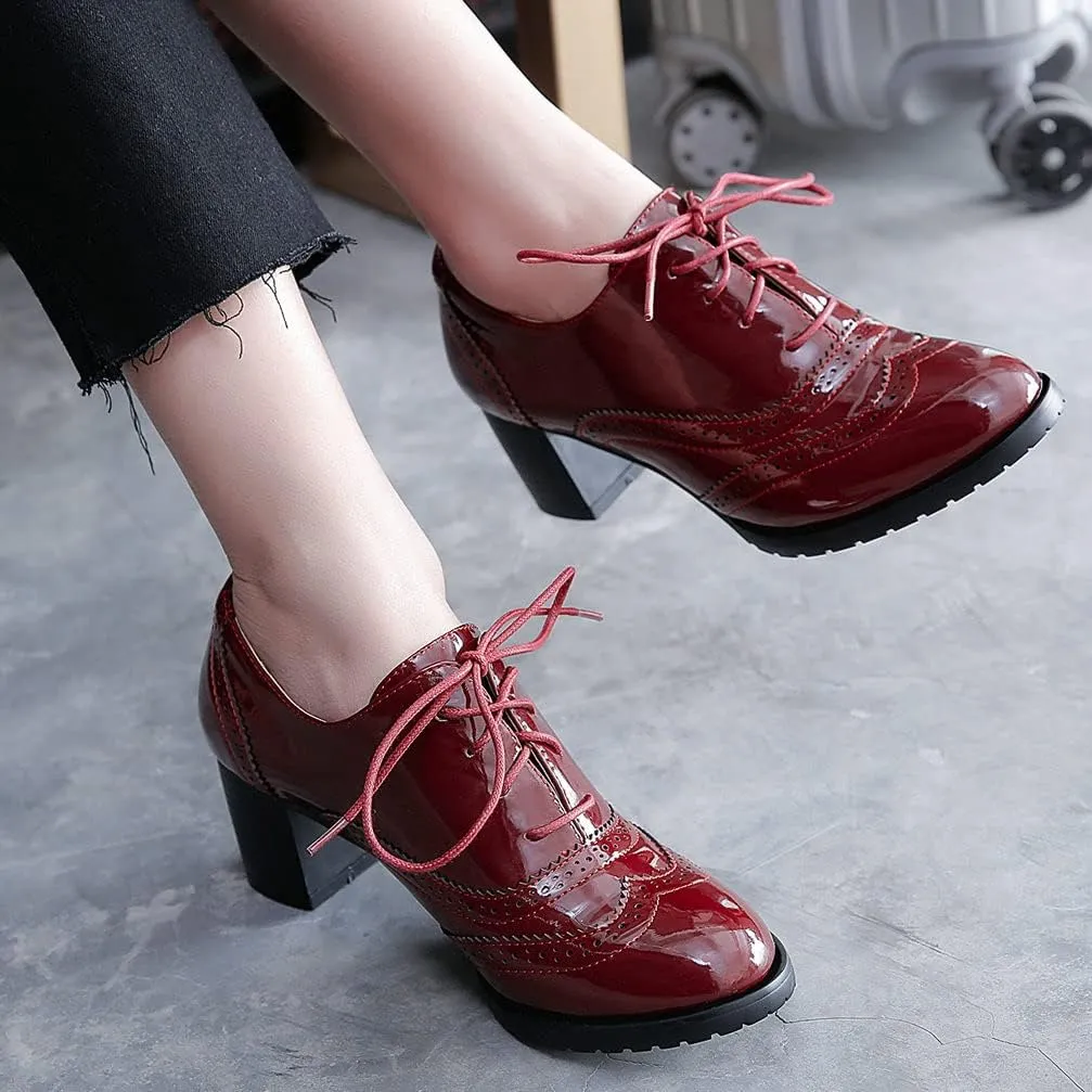 KOKOMOMO Womens Wingtip Heels Patent Leather Chunky Oxfords Vintage Lace Up Brogue Shoes
