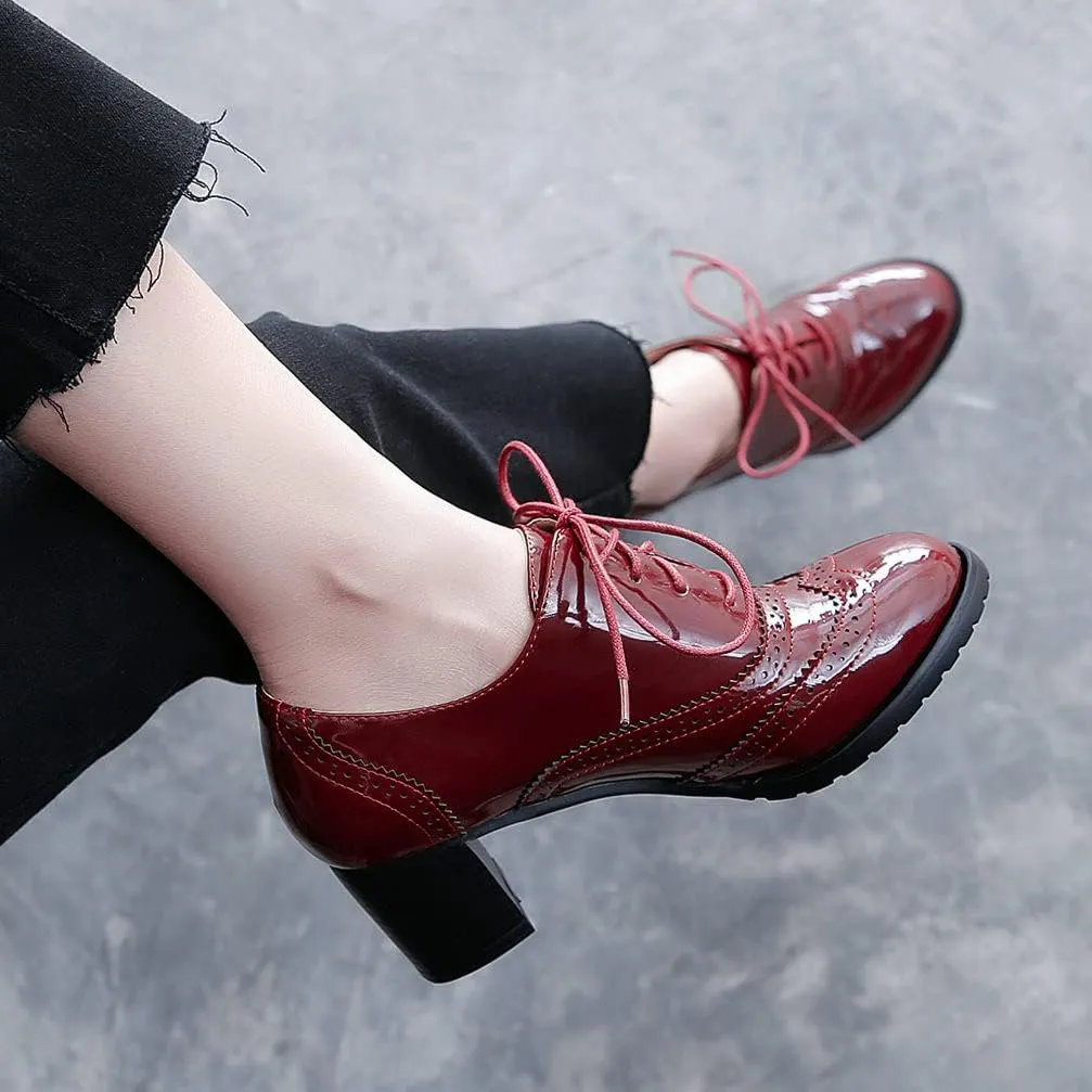 KOKOMOMO Womens Wingtip Heels Patent Leather Chunky Oxfords Vintage Lace Up Brogue Shoes
