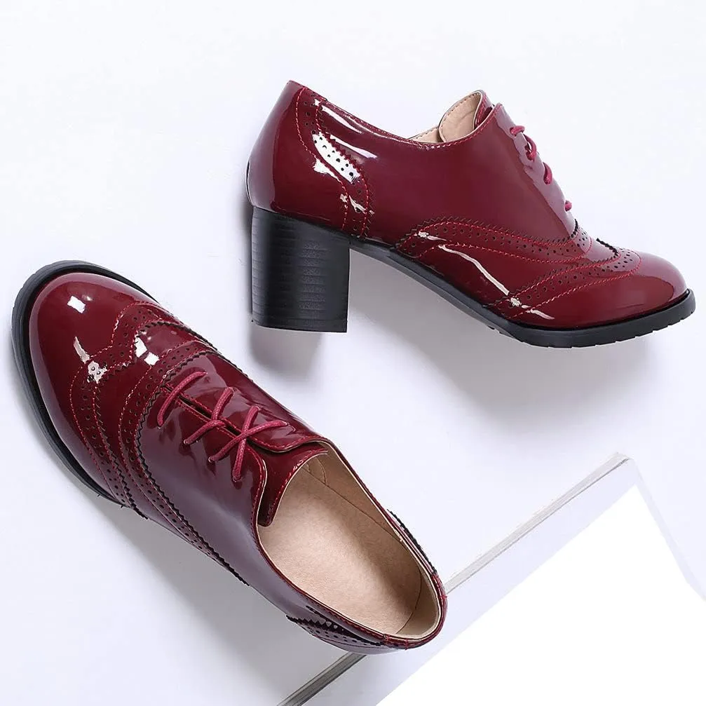 KOKOMOMO Womens Wingtip Heels Patent Leather Chunky Oxfords Vintage Lace Up Brogue Shoes