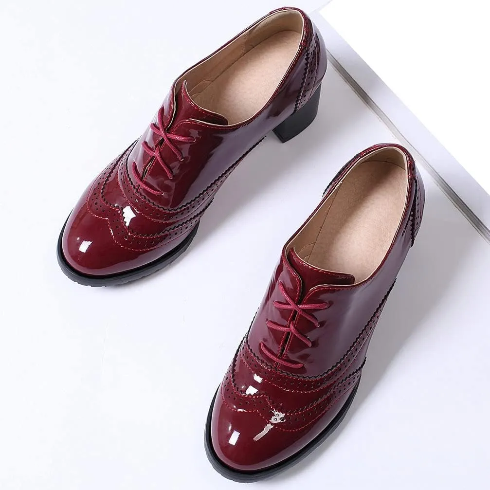 KOKOMOMO Womens Wingtip Heels Patent Leather Chunky Oxfords Vintage Lace Up Brogue Shoes