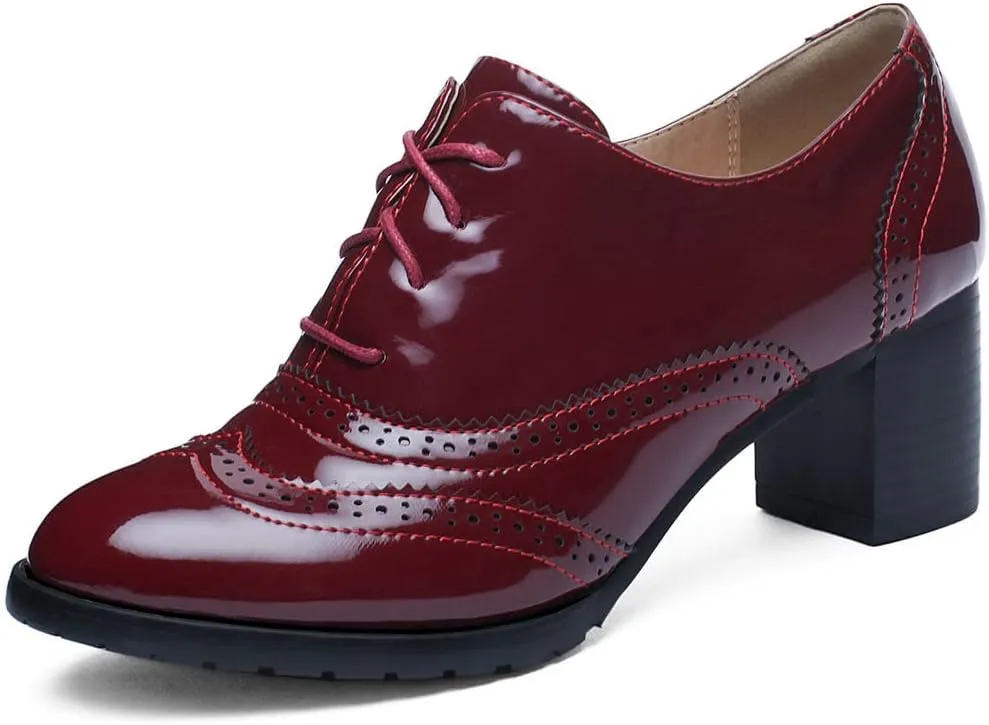 KOKOMOMO Womens Wingtip Heels Patent Leather Chunky Oxfords Vintage Lace Up Brogue Shoes