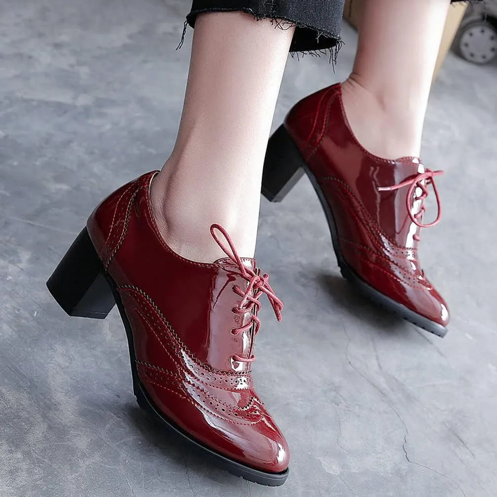KOKOMOMO Womens Wingtip Heels Patent Leather Chunky Oxfords Vintage Lace Up Brogue Shoes