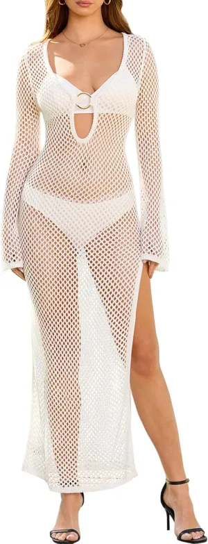 KUTUMAI Women Crochet Swimsuit Cover Up 2025 Summer Bathing Suit Sexy V Neck Slit Maxi Dress Vacation Beach Swimwear Cover Up