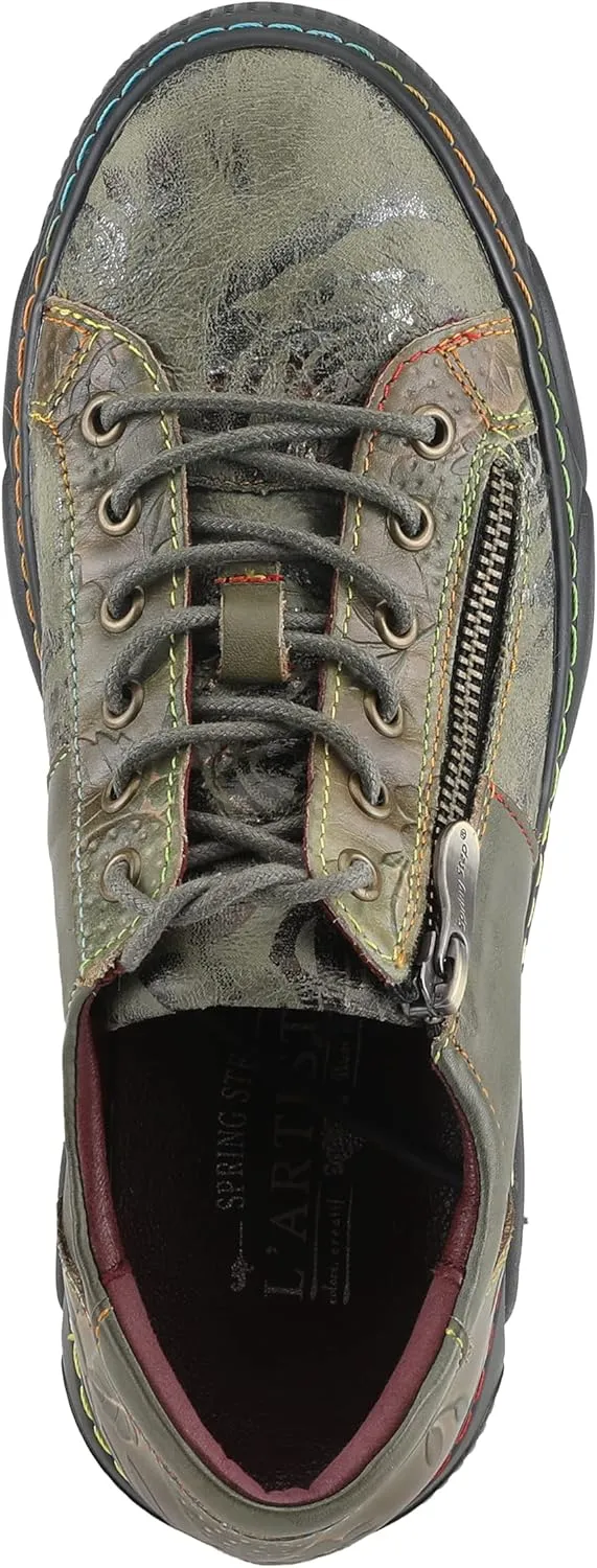 L'Artiste by Spring Step Women's Danli-Bloom Sneaker – Hand-Painted Leather Platform Shoes with Zipper & Lace-Up Closure, Removable Insole, Rainbow Stitching, Comfort Fit