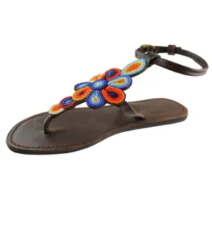 Leather Sandals Woman - Greek Shoes Vintage Style Beaded Floral Flip Flops - Hippie BOHO Tribal Shoes - Summer Handmade Sandals