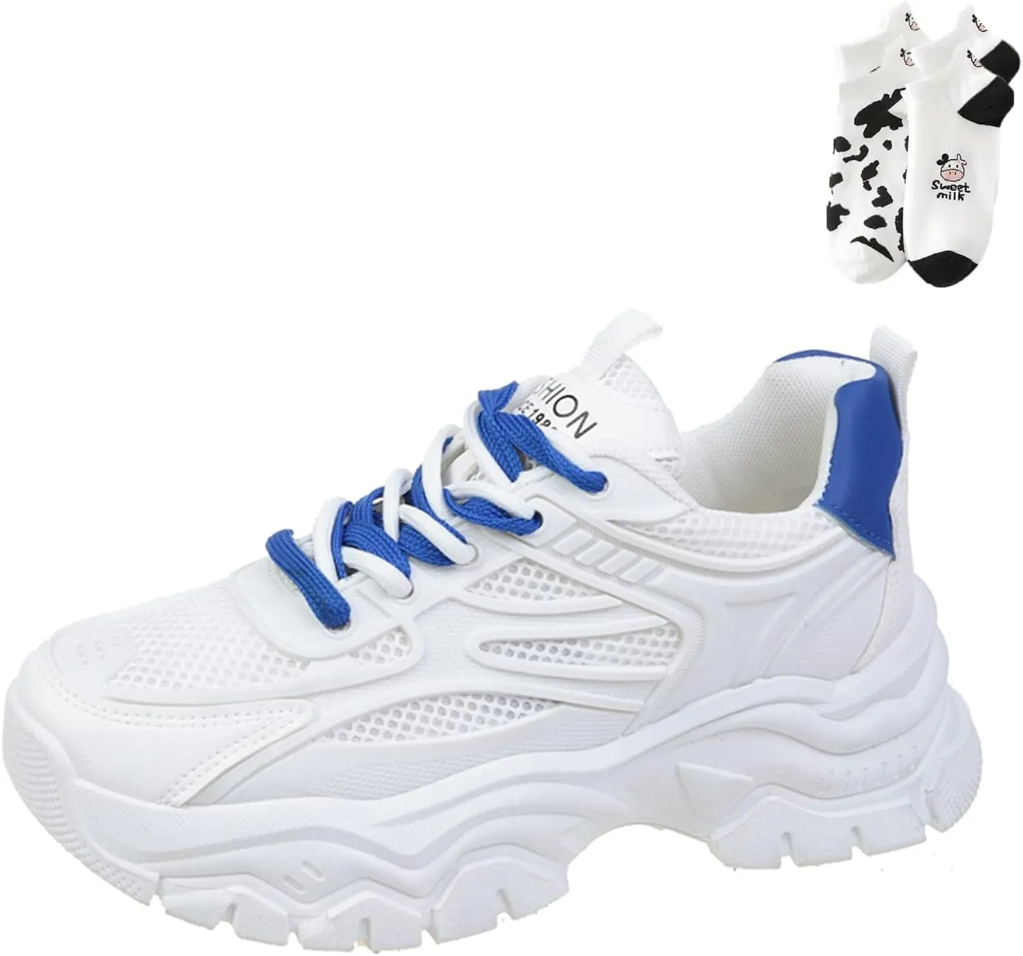 LELEBEAR Chunky White Sneakers Women, Fashion Mesh Platform Sneakers, Casual Jogging Walking Shoes with Cute Socks