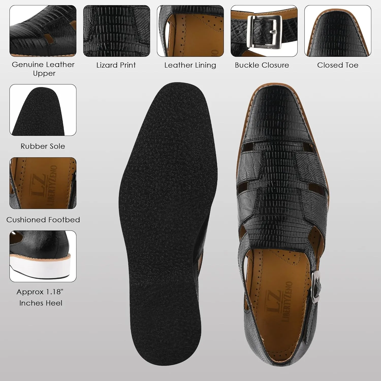 LIBERTYZENO Mens Fisherman Closed Toe Sandals Crocodile Print Genuine Leather Buckle Closure Casual Dress Shoes