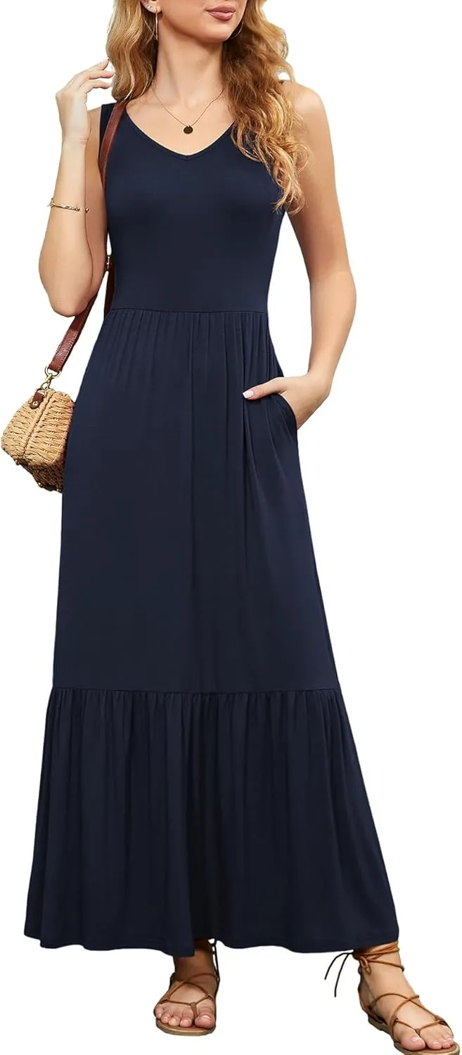 LILBETTER Women's Summer Casual Sleeveless V Neck Swing Dress Flowy Tiered Maxi Beach Dress with Pockets