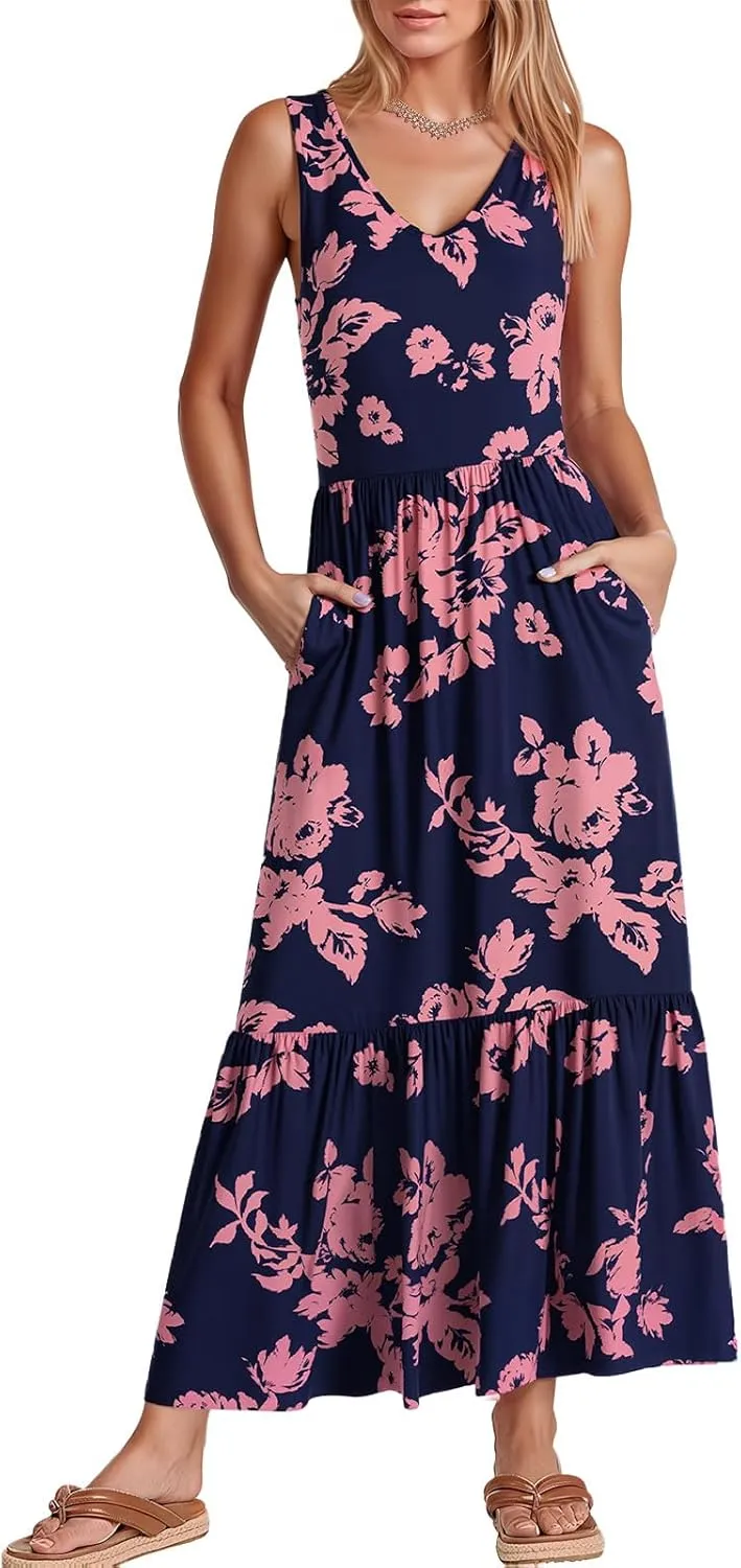 LILBETTER Women's Summer Casual Sleeveless V Neck Swing Dress Flowy Tiered Maxi Beach Dress with Pockets