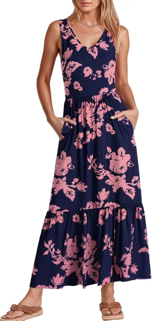 LILBETTER Women's Summer Casual Sleeveless V Neck Swing Dress Flowy Tiered Maxi Beach Dress with Pockets