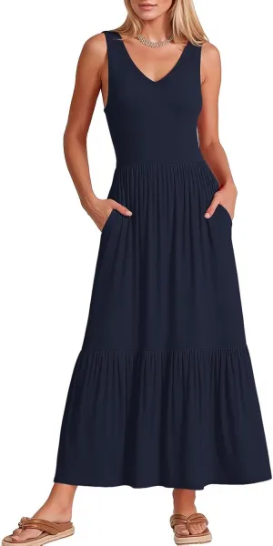 LILBETTER Women's Summer Casual Sleeveless V Neck Swing Dress Flowy Tiered Maxi Beach Dress with Pockets