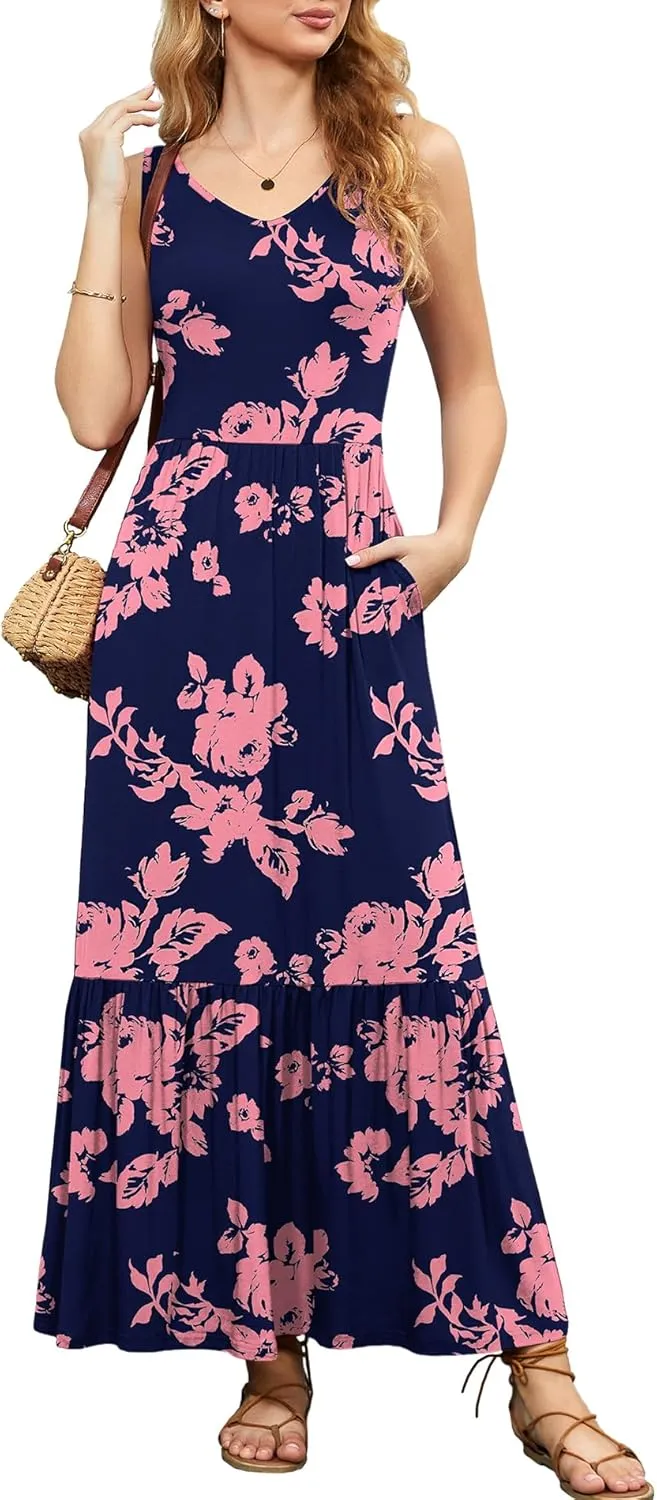 LILBETTER Women's Summer Casual Sleeveless V Neck Swing Dress Flowy Tiered Maxi Beach Dress with Pockets