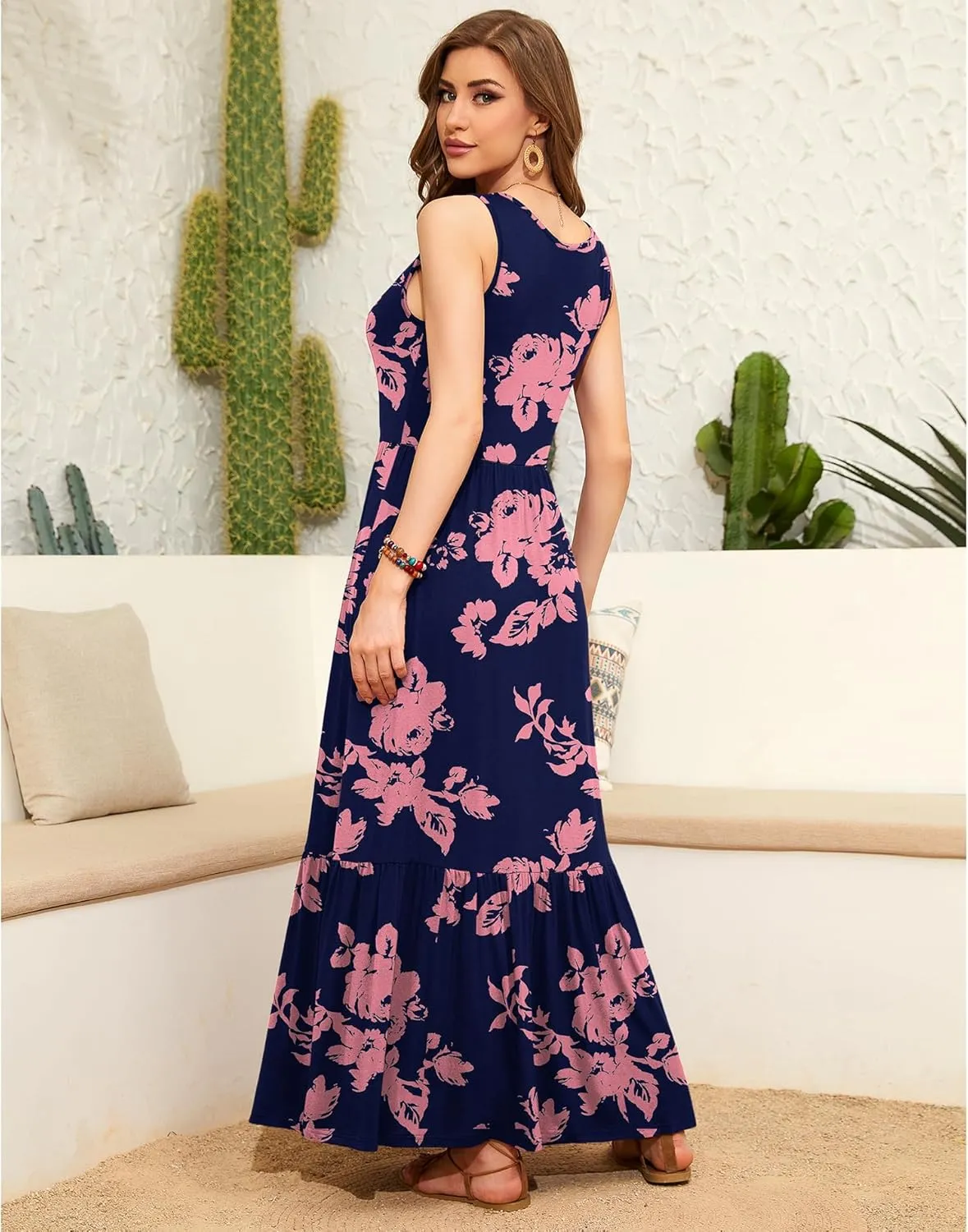 LILBETTER Women's Summer Casual Sleeveless V Neck Swing Dress Flowy Tiered Maxi Beach Dress with Pockets