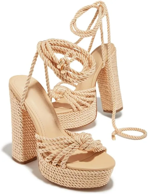 Liliana Women's Round Toe Rope Lace Up Platform Block High Heels