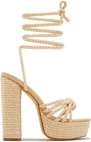 Liliana Women's Round Toe Rope Lace Up Platform Block High Heels