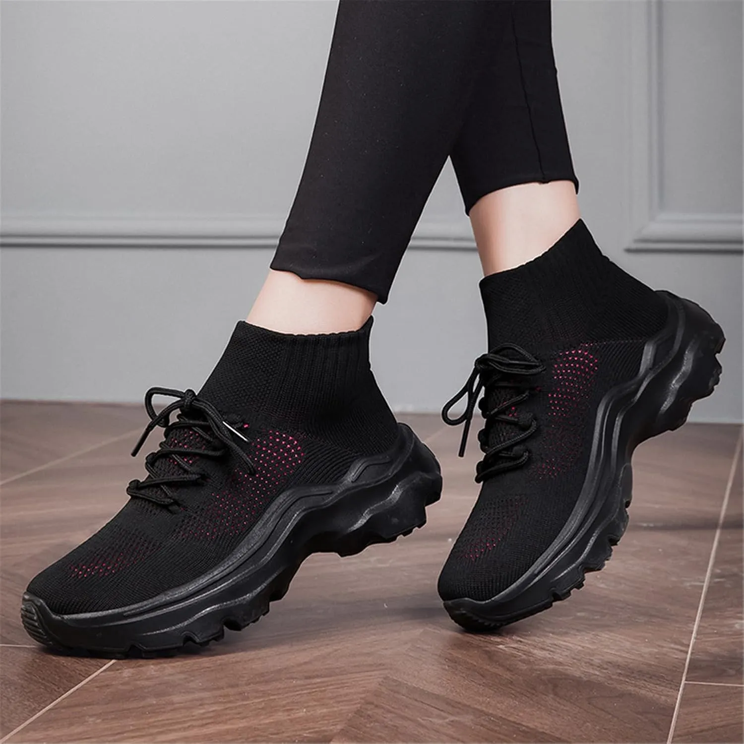 LLTMALL Women's Men's Chunky Sock Sneakers Lace up High Top Lightweight Mesh Running Shoes