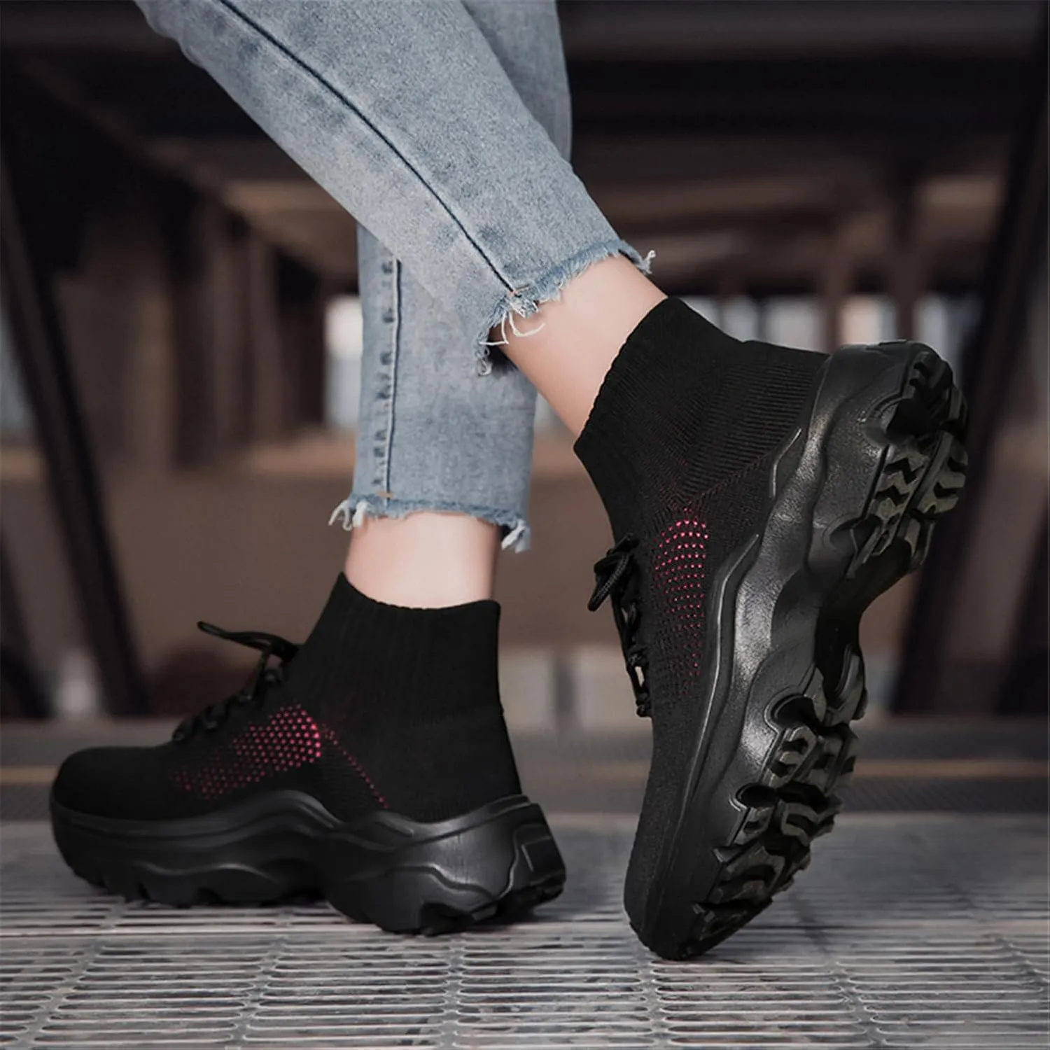 LLTMALL Women's Men's Chunky Sock Sneakers Lace up High Top Lightweight Mesh Running Shoes