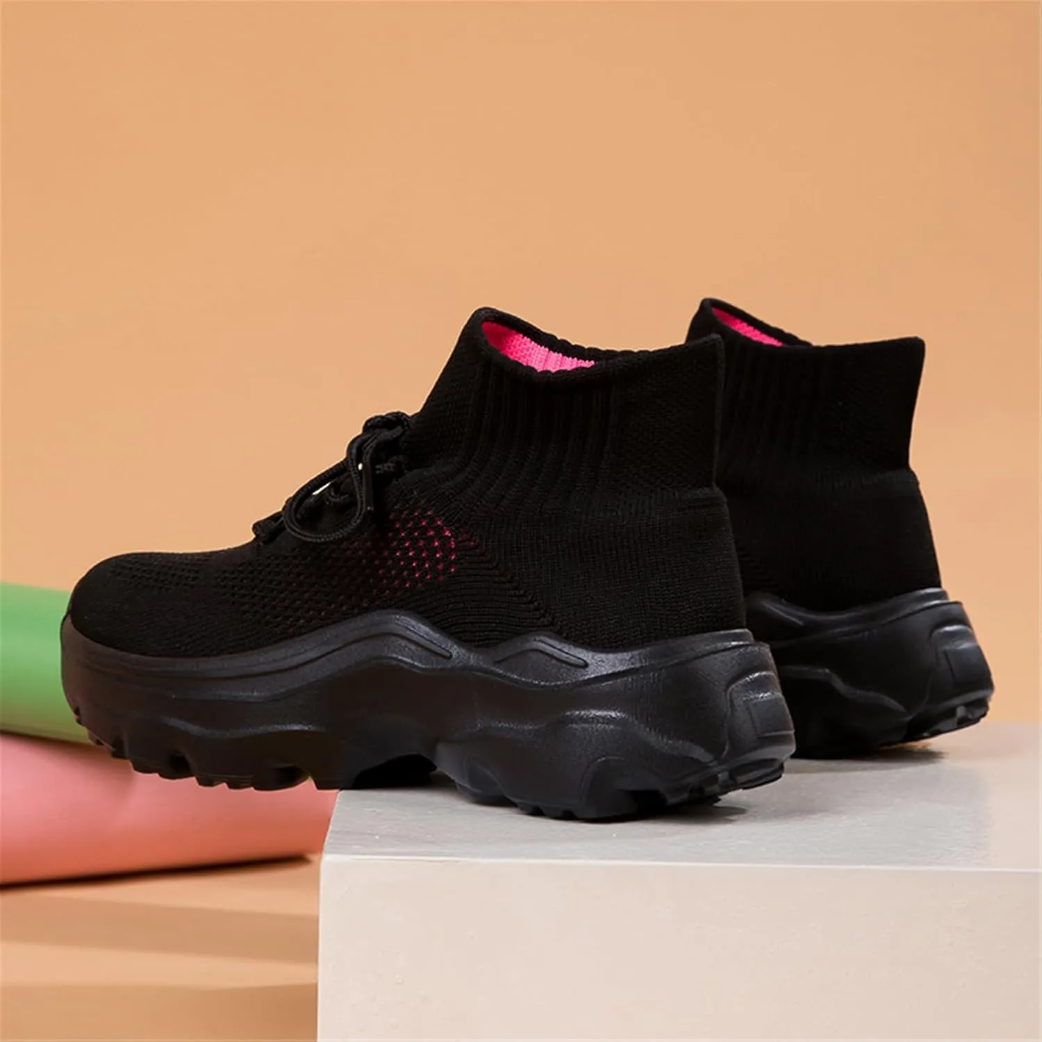 LLTMALL Women's Men's Chunky Sock Sneakers Lace up High Top Lightweight Mesh Running Shoes
