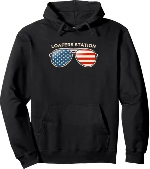 Loafers Station, IN Vintage US Flag Sunglasses Pullover Hoodie