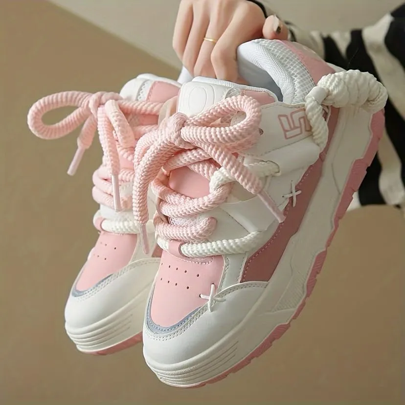 Low-Top Women's Cute Chunky Lace-Up Sneakers - Thick Sole Casual Athletic Shoes, All-Season Design