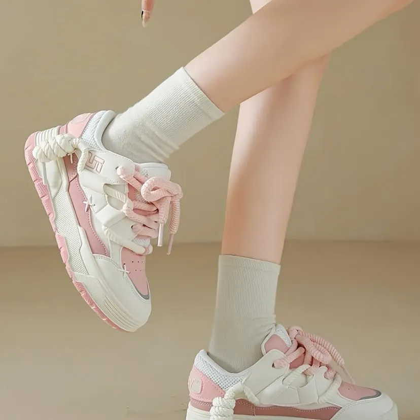 Low-Top Women's Cute Chunky Lace-Up Sneakers - Thick Sole Casual Athletic Shoes, All-Season Design