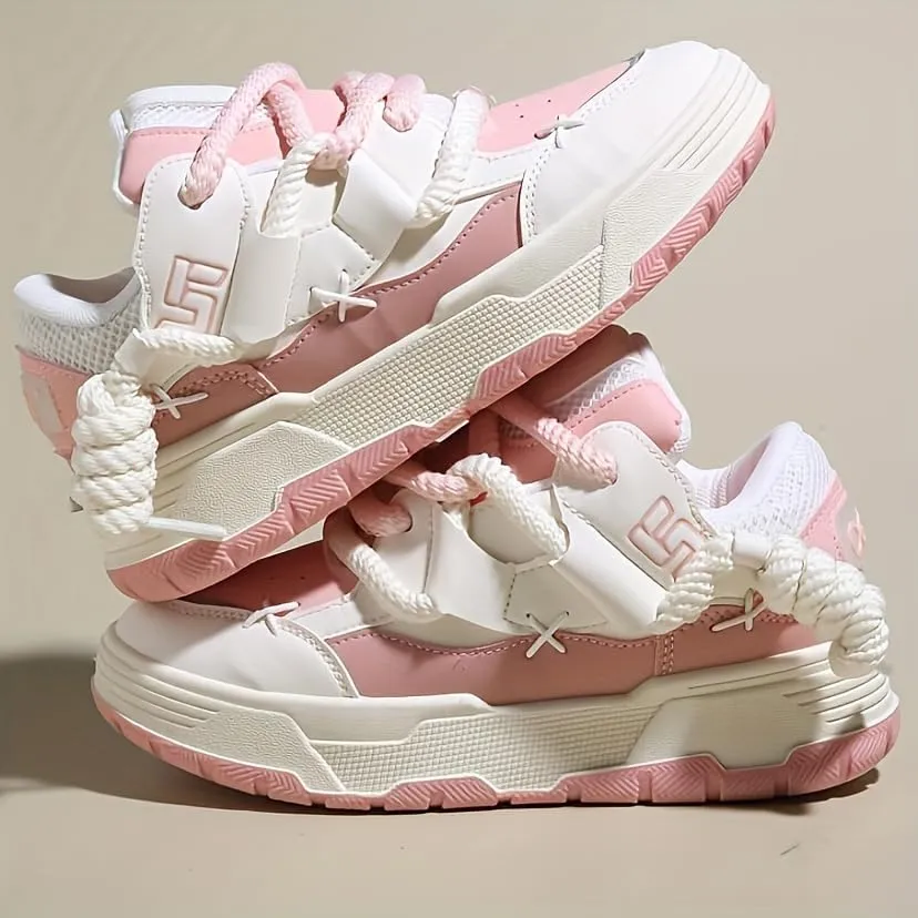 Low-Top Women's Cute Chunky Lace-Up Sneakers - Thick Sole Casual Athletic Shoes, All-Season Design