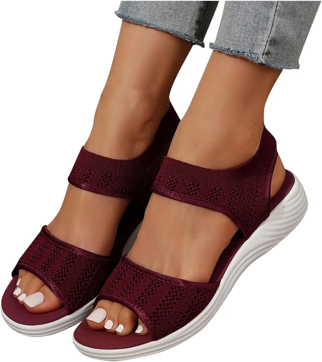 Low Wedges Sandals for Women Comfortable Cushion Hollow Out Knit Ankle Strap Slip On Lightweight Walking Platforms
