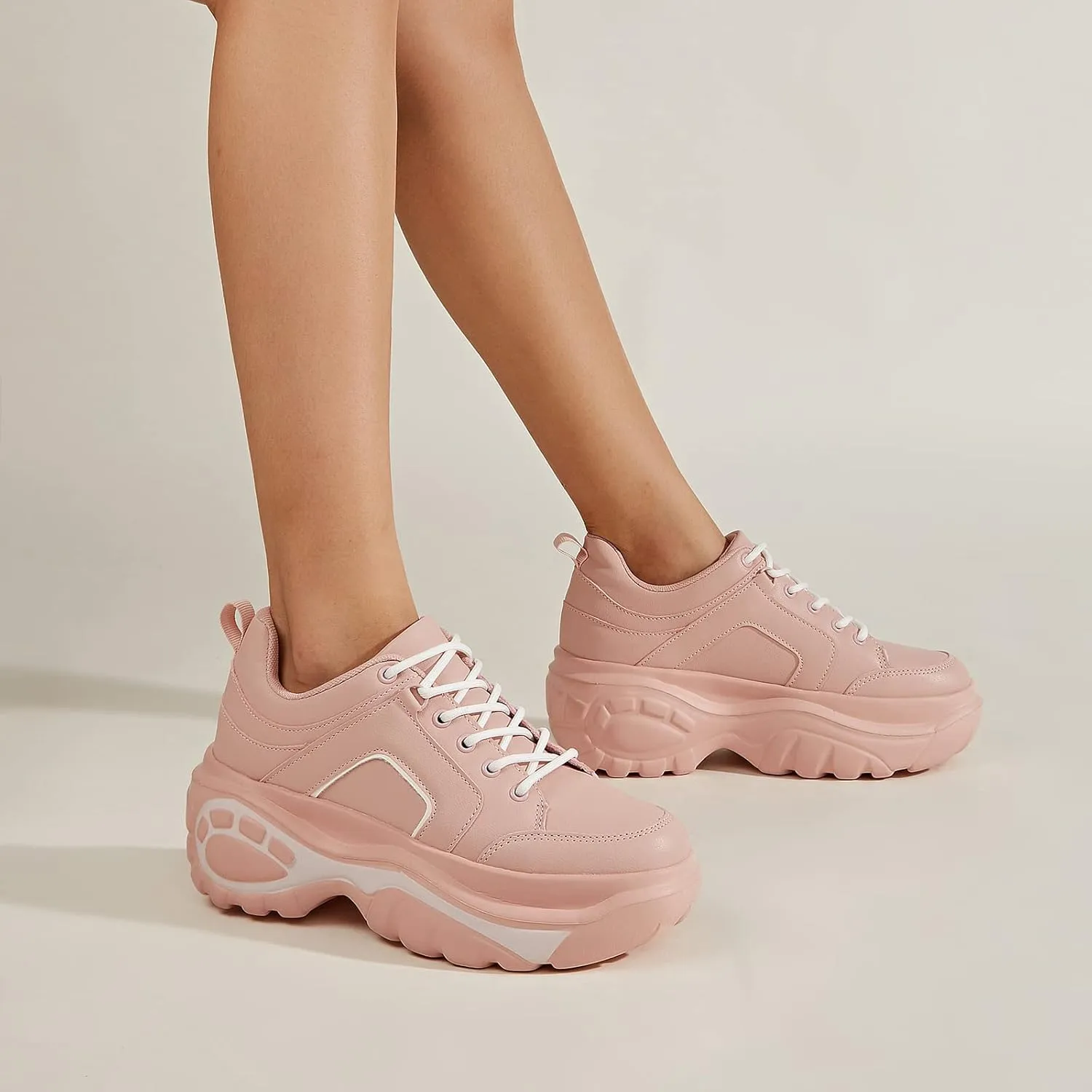LUCKY STEP Women Chunky Platform Dad Colorblock White Neon Green Fuchsia Hologram Silver Casual Lace-Up Walking Sneakers