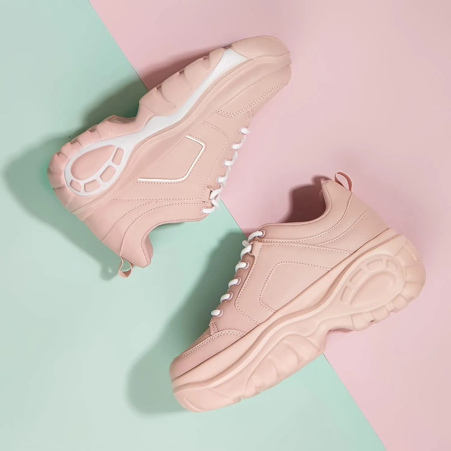 LUCKY STEP Women Chunky Platform Dad Colorblock White Neon Green Fuchsia Hologram Silver Casual Lace-Up Walking Sneakers