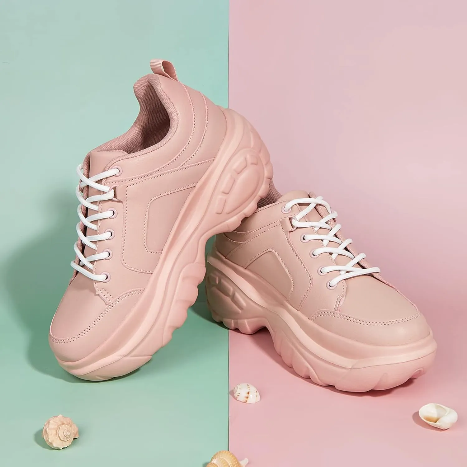 LUCKY STEP Women Chunky Platform Dad Colorblock White Neon Green Fuchsia Hologram Silver Casual Lace-Up Walking Sneakers