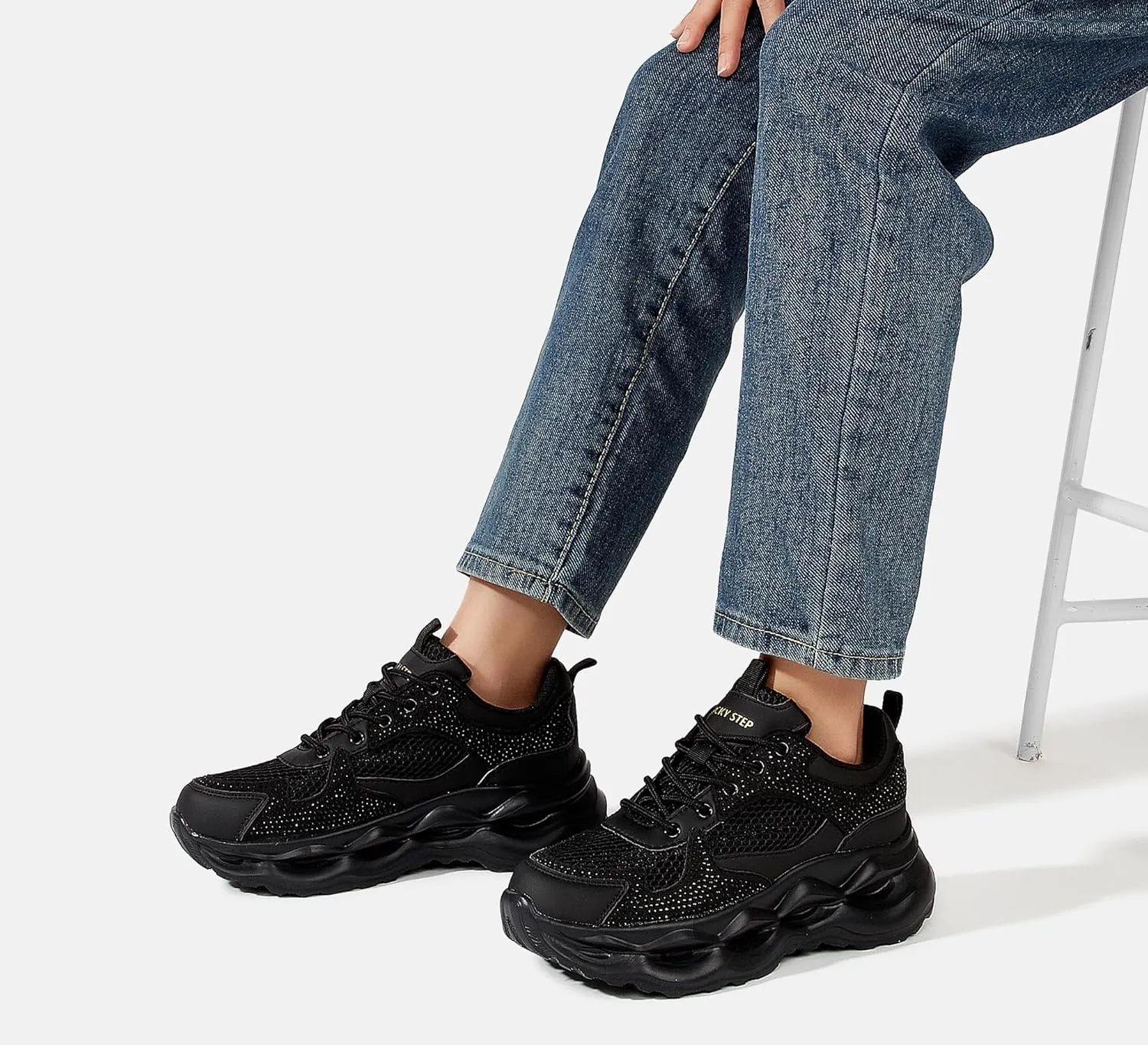 LUCKY STEP Women 's Chunky Sneakers 90s Fashion Thick Dad Rave Sparkly Bling Rhinestone Platform Casual Running Walking Shoes