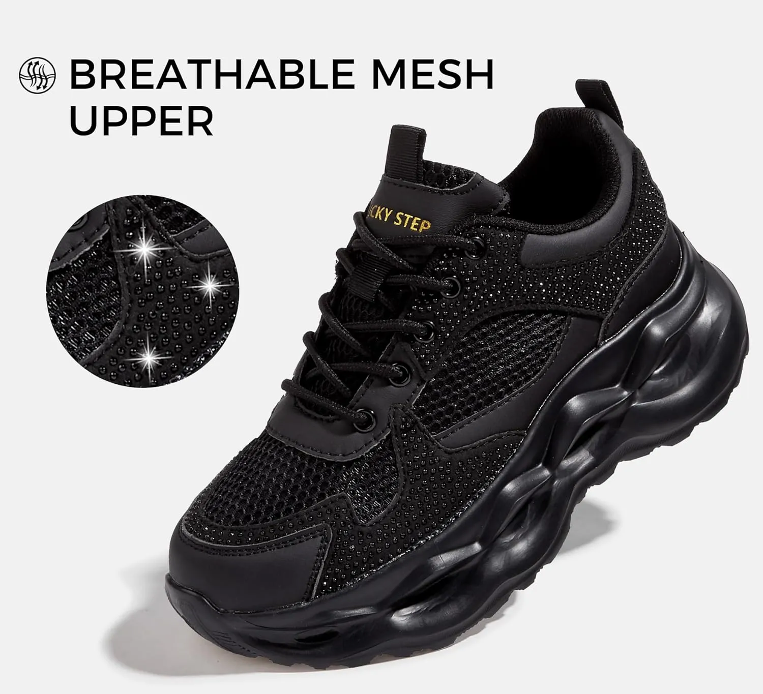 LUCKY STEP Women 's Chunky Sneakers 90s Fashion Thick Dad Rave Sparkly Bling Rhinestone Platform Casual Running Walking Shoes