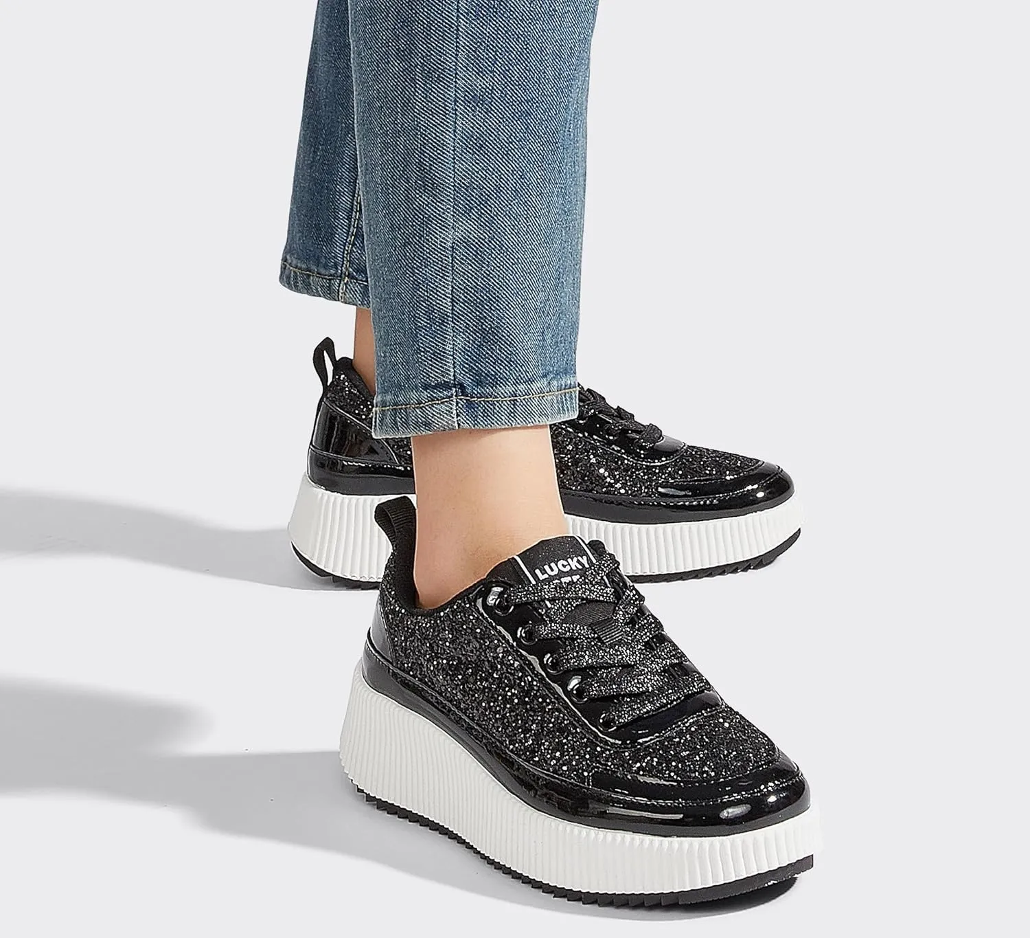 LUCKY STEP Women's Platform Sneakers Rhinestone Fashion Chunky Casual Sparkly Retro Braided Walking Shoes