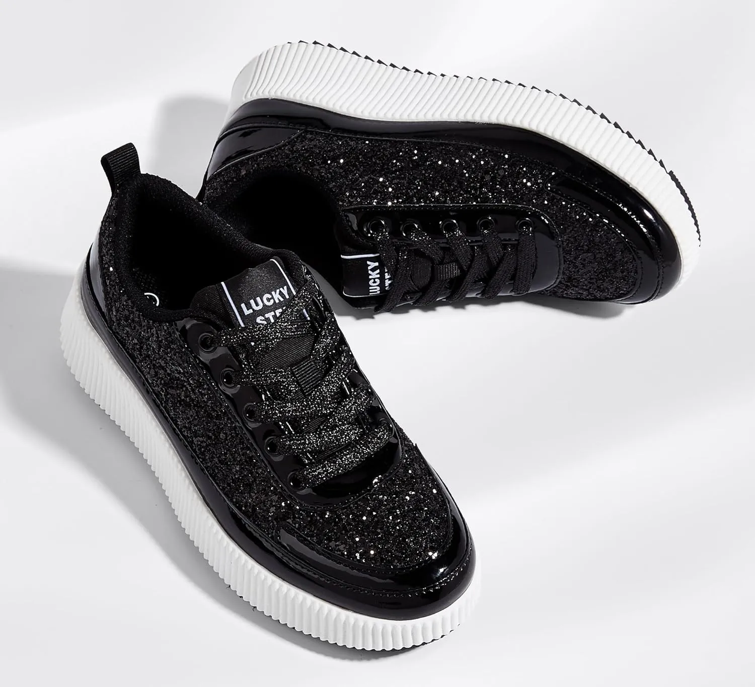 LUCKY STEP Women's Platform Sneakers Rhinestone Fashion Chunky Casual Sparkly Retro Braided Walking Shoes