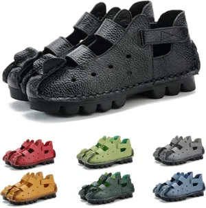 Lymphvity Women'S Hand-Stitching Leather Vintage Cutout Flat Sandals,Fashion Non-Slip Soft Bottom Breathable Comfort Adjustable Walking Ethnic Style Loafers